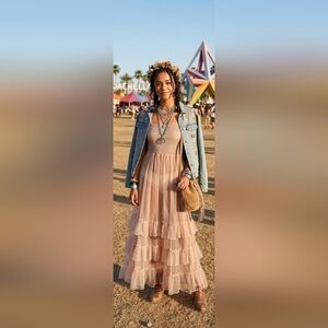 Forever 21 Peach Pink Tulle Tiered Maxi Dress - Size M